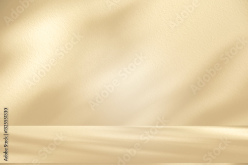 Wall interior background, studio and backdrops show products. with leaf shadow from window color beige and white. background for text insertion and presentation of product	