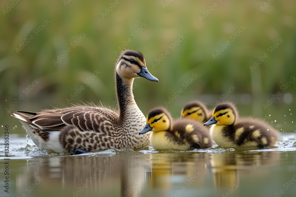 Adorable Ducklings Following Their Mother Through a Marsh Adorable Ducklings Following Their Mother Through a Marsh