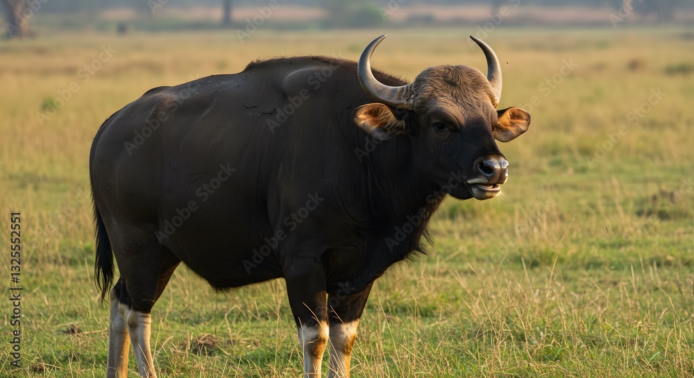 Majestic Indian Bison Grazing in Lush Grassland at Golden Hour Majestic Indian Bison Grazing in Lush Grassland at Golden Hour