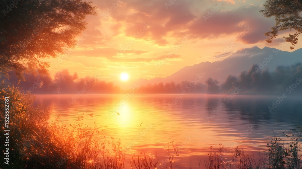 Obraz premium Summer sunset casts golden hues over a tranquil lake, surrounded by lush greenery and distant mountains