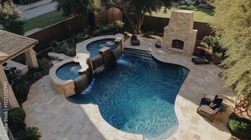 Luxurious backyard oasis with swimming pool and spa features