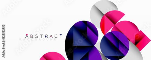 Abstract geometric artwork with overlapping circles and gradients, circle square triangle shapes background featuring sharp angular cuts, smooth shading, and structured layered composition