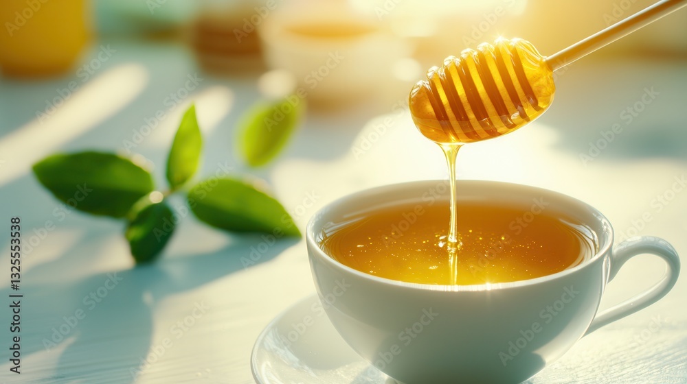 warm cup of tea with honey being drizzled into it, surrounded by fresh green leaves, captures serene morning moment. sunlight enhances golden hue of honey, creating cozy atmosphere warm cup of tea with honey being drizzled into it, surrounded by fresh green leaves, captures serene morning moment. sunlight enhances golden hue of honey, creating cozy atmosphere