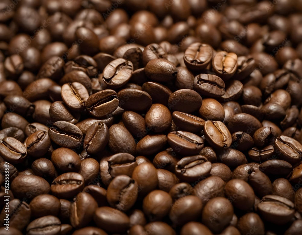Obraz premium Scattered coffee beans on a neutral surface. Warm lighting enhances texture and rich brown tones, creating a cozy and inviting aesthetic.