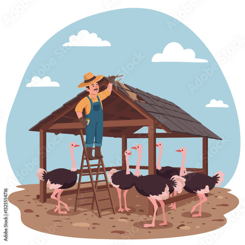 Farmer Repairing Roof with Ostriches Near Animal Shelter on Farm