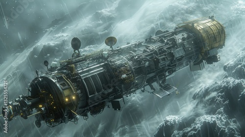 Futuristic spaceship navigating through a stormy cosmic landscape