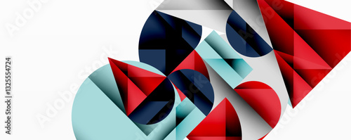Abstract geometric artwork with overlapping circles and gradients, circle square triangle shapes background featuring sharp angular cuts, smooth shading, and structured layered composition