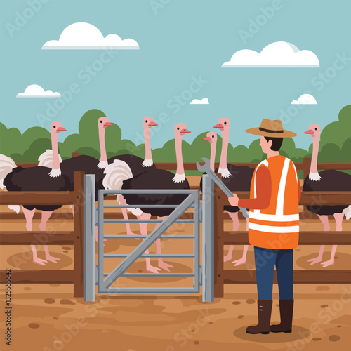 Farm Worker Repairing Gate Near Group of Large Ostrich Birds