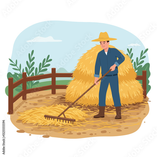 Farmer Raking Hay in Field with Haystack Near Wooden Fence