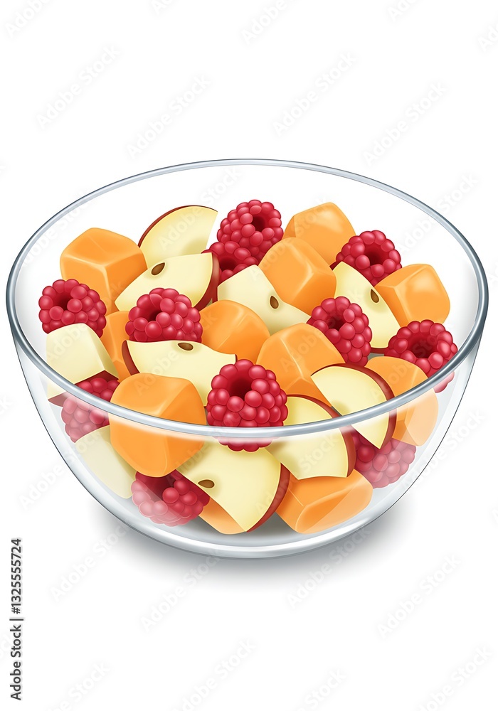 Fresh Fruit Salad in Glass Bowl Featuring Apple Raspberry and Orange Fresh Fruit Salad in Glass Bowl Featuring Apple Raspberry and Orange
