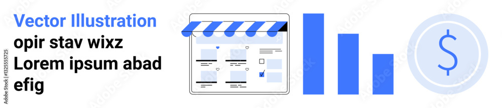 A storefront webpage layout alongside a bar graph and a dollar sign icon. Ideal for e-commerce, online sales, statistics analysis, business growth, market research, financial planning, economic A storefront webpage layout alongside a bar graph and a dollar sign icon. Ideal for e-commerce, online sales, statistics analysis, business growth, market research, financial planning, economic