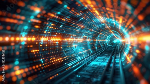 Futuristic Digital Tunnel with Light Trails and Abstract Patterns