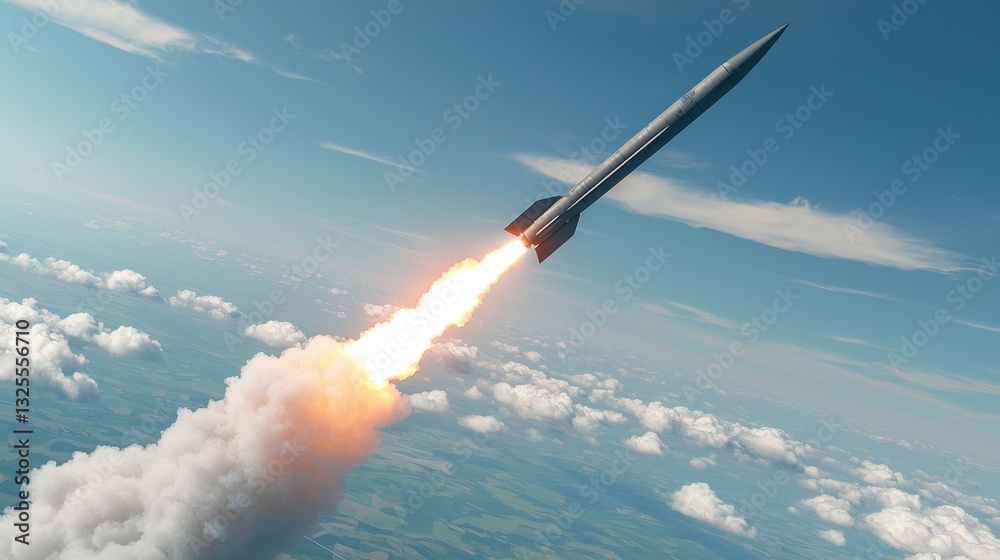 Fototapeta premium A rocket launches into the sky, leaving a trail of smoke and fire, symbolizing technological advancement and space exploration.