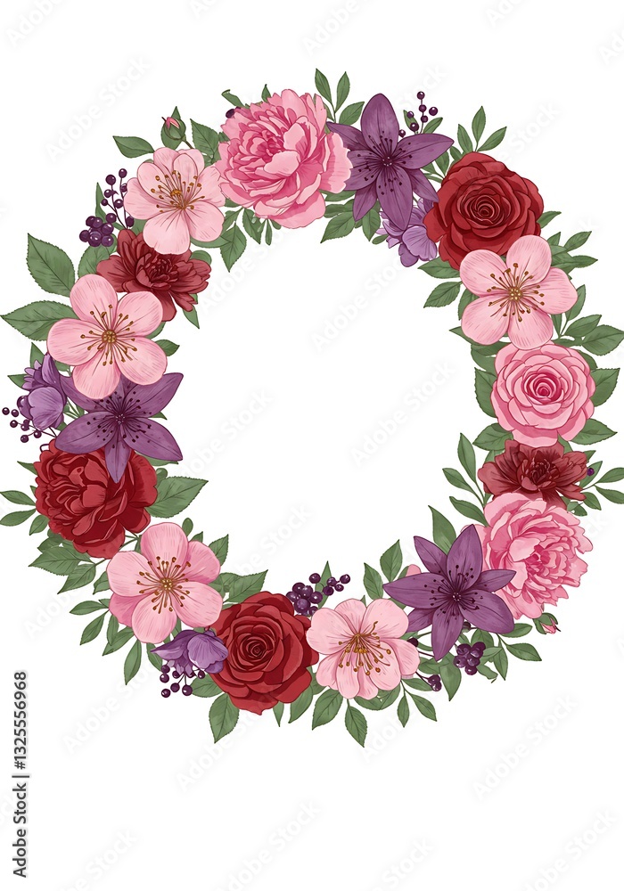 Floral Wreath Arrangement with Pink and Burgundy Flowers Illustration Floral Wreath Arrangement with Pink and Burgundy Flowers Illustration
