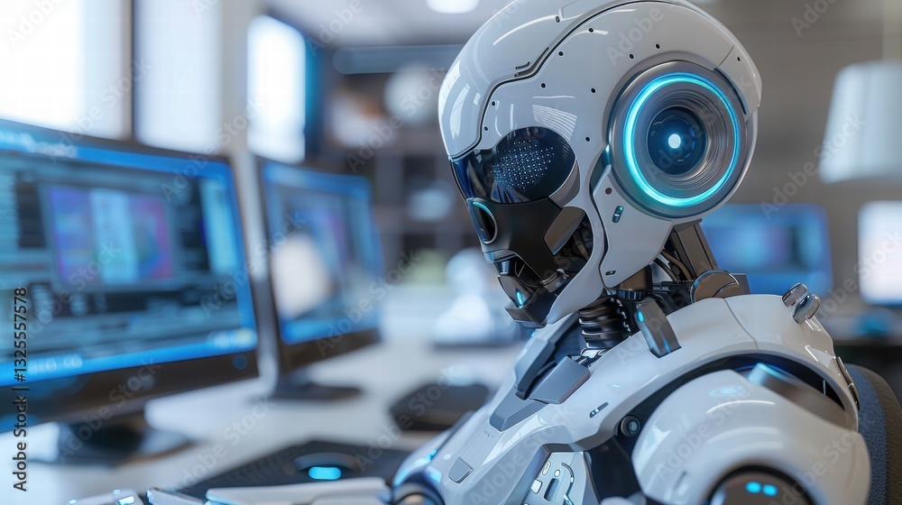 Fototapeta premium Futuristic Robot in Modern Office Setting with Computers