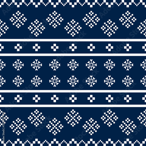 Pixel Christmas Pattern with White Snowflake Icons on Blue Background,Nordic and Scandinavian Style,Ideal for Gift Wrapping,Sweaters,Fabric,Border,Banner and Digital Art Projects During the Holiday