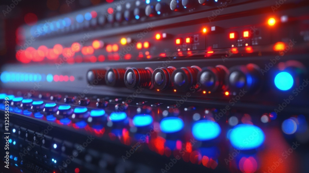 Abstract Close-Up of Colorful Audio Mixer Controls with Lights Abstract Close-Up of Colorful Audio Mixer Controls with Lights