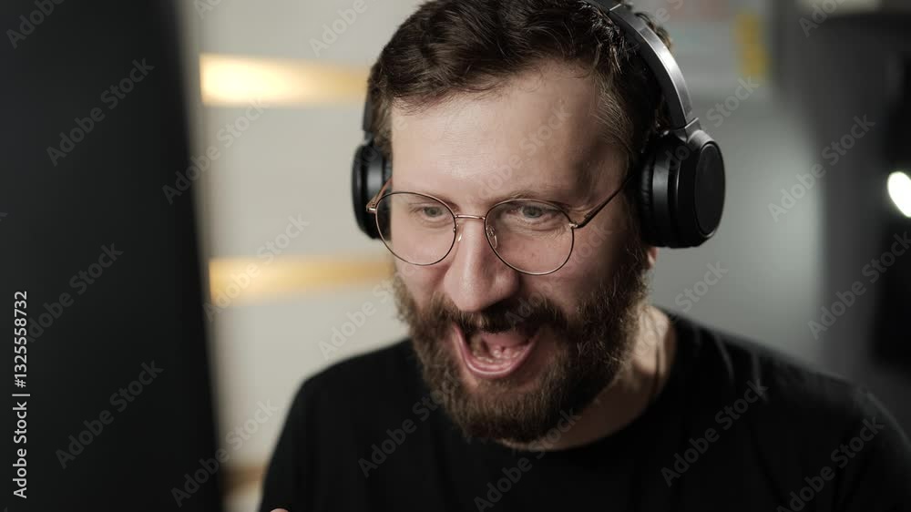 Success, I agree, cool concept. Friendly man in glasses and headphones at computer looks at laptop monitor and is happy, raising his thumb up Success, I agree, cool concept. Friendly man in glasses and headphones at computer looks at laptop monitor and is happy, raising his thumb up
