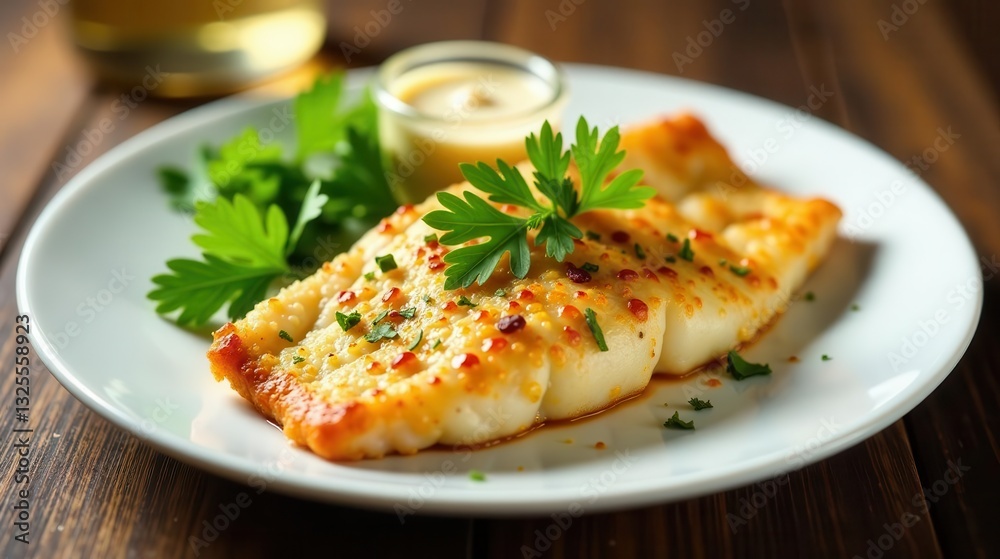 Delicious Baked Fish Fillet with Creamy Sauce and Fresh Herbs on White Plate Delicious Baked Fish Fillet with Creamy Sauce and Fresh Herbs on White Plate