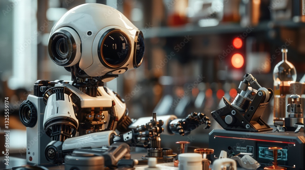 Detailed Close-Up of a Humanoid Robot in a Laboratory Setting Detailed Close-Up of a Humanoid Robot in a Laboratory Setting
