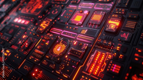 Abstract Futuristic Circuit Board Design with Neon Lights and Patterns