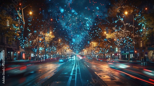 Nighttime Street with Colorful Lights and Blurred Vehicle Motion