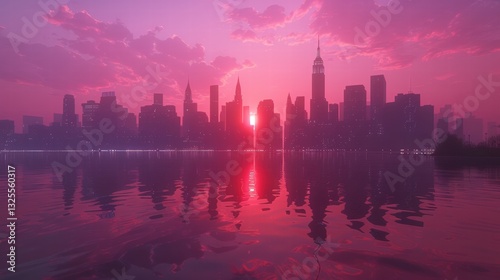 Sunset Reflection Over Skyscraper Cityscape with Pink and Purple Sky