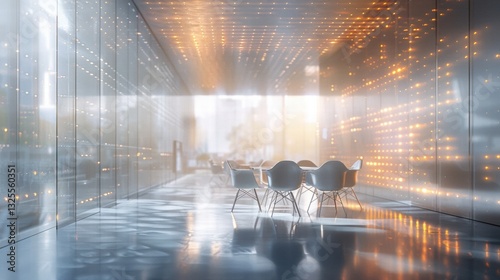 Modern Conference Room with Glass Walls and Soft Ambient Lighting