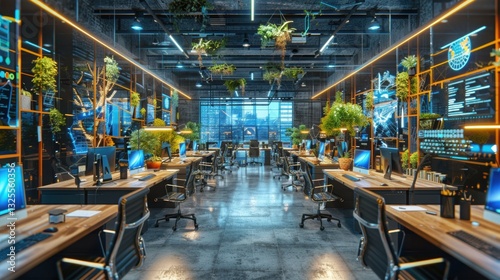 Modern Office Space with Plants and Technology in Urban Environment
