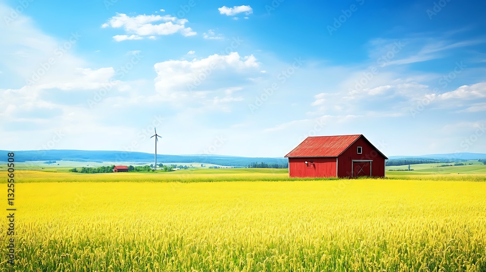 Red barn in golden field with wind turbine, scenic rural scene, for agricultural imagery Red barn in golden field with wind turbine, scenic rural scene, for agricultural imagery