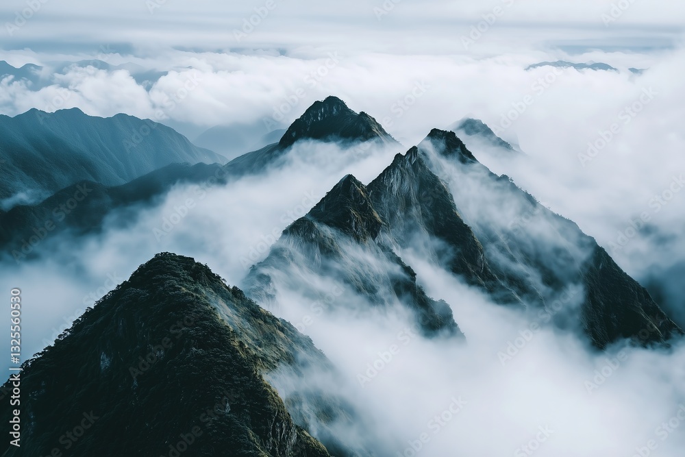 dramatic mountain peaks emerging from clouds in misty landscape aerial view
dramatic mountain peaks emerging from clouds in misty landscape aerial view