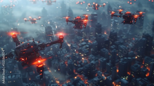 Aerial View of Futuristic Drones Flying Over City Skyline at Night