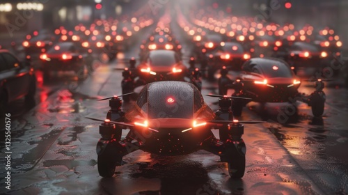Futuristic City Street with Autonomous Vehicles and Neon Lights