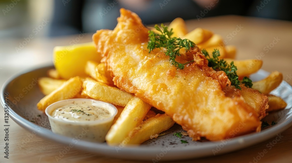 Fish and Chips with Tartar Sauce on a Plate Fish and Chips with Tartar Sauce on a Plate