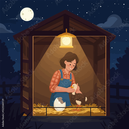 Caring Farmer with Newborn Chick in a Cozy Night Lit Coop