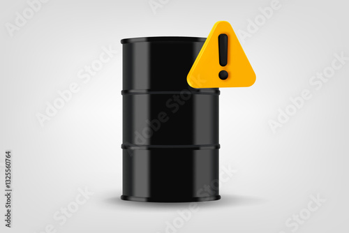 Black metal barrel with oil and exclamaion sign. Low energy concept. Vector 3d illustration