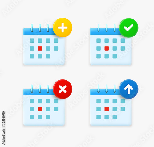Calender icon set with different pictograms. 3d vector icons collection
