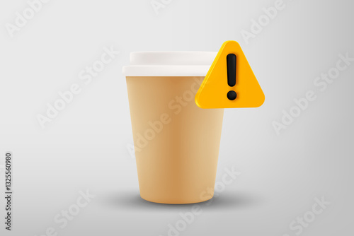 Paper coffee cup with exclamaion sign. Vector 3d illustration