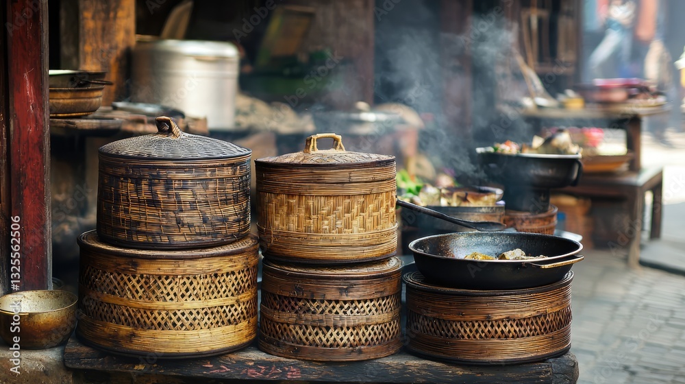 Steaming food is presented in woven containers and metal pans Steaming food is presented in woven containers and metal pans