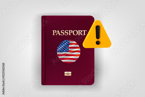 Passport with flag of USA and exclamaion sign. Low energy concept. Vector 3d illustration