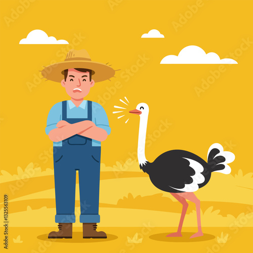 Frustrated Farmer Facing Ostrich Illustration on Yellow Field Background