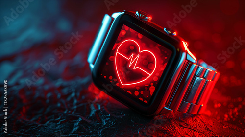 Smartwatch with glowing red heart and pulse symbol on a textured surface
