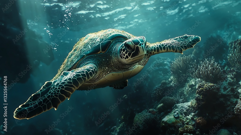 Obraz premium Sea Turtle Swimming Underwater with Coral Reef and Sun Rays Shining Through
