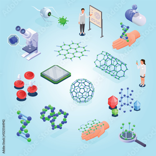 Nanotech isometric set with isolated icons of molecular grid structures atoms microprocessor and characters of scientists vector illustration