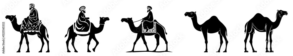 Fototapeta premium Arabian Camel and Rider Silhouette Set, Traditional Middle Eastern Travel Vector Illustration