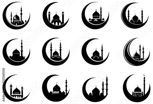 Islamic Mosque Silhouettes with Crescent Moon, Ramadan, Eid, and Spiritual Designs