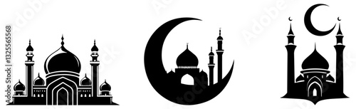 Islamic Mosque Silhouettes with Crescent Moon, Ramadan, Eid, and Spiritual Vector Art