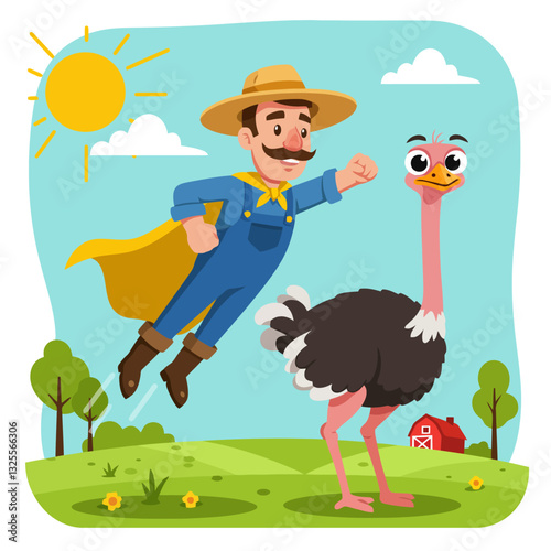 Flying Farmer Cartoon Character with Ostrich on Sunny Farm Illustration