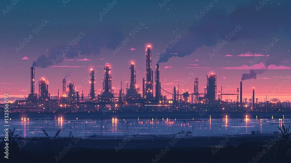 Naklejka premium Night view of an industrial complex by a lake at sunset, with smoke stacks and lights reflecting on the water.