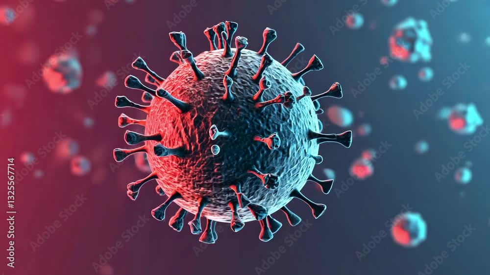 3D rendered virus cell with red and blue glowing molecular structure